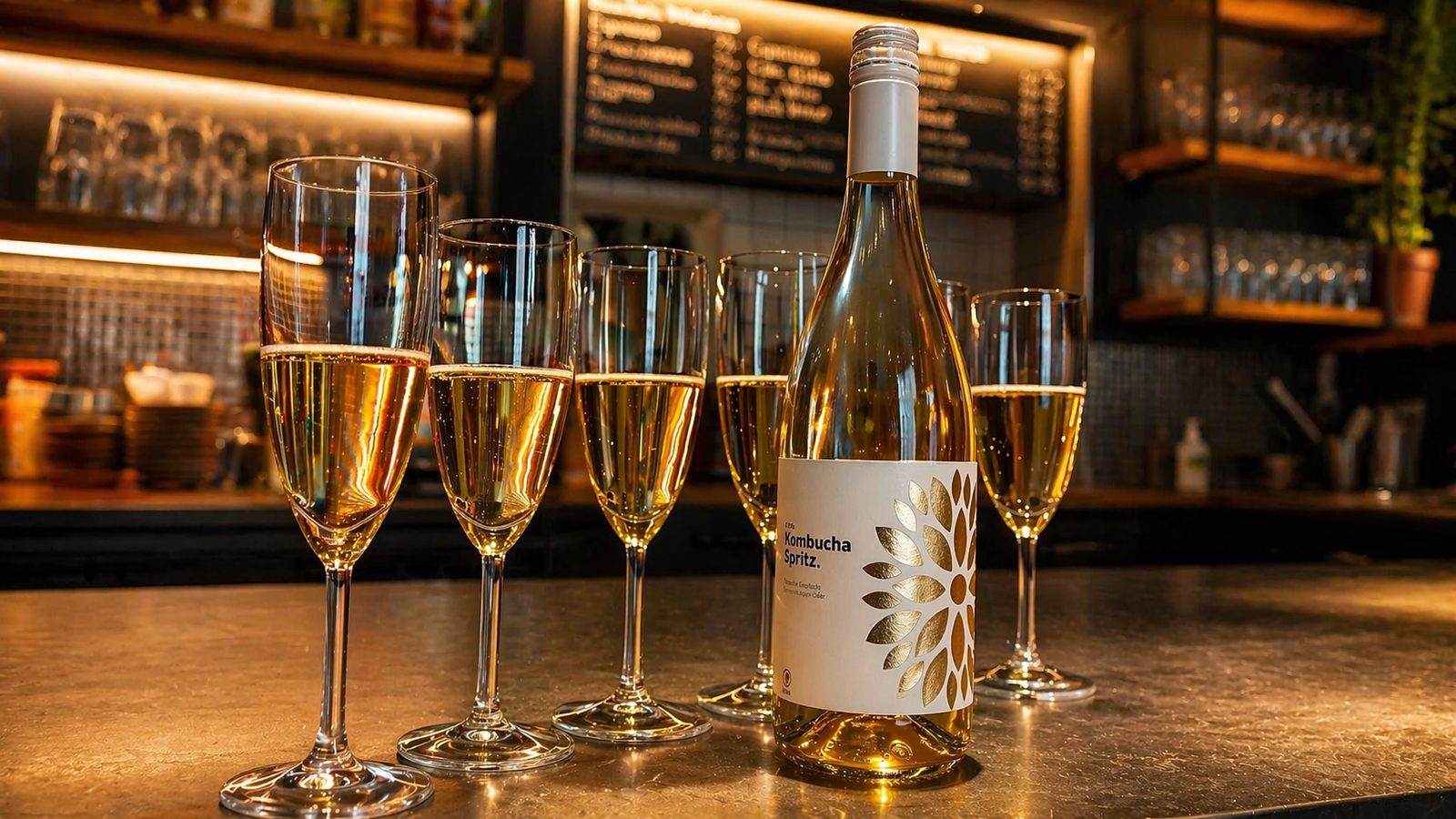 Kombucha Spritz v provozu — bar se sklenicemi